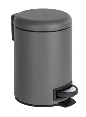 A gray pedal bin trash can is shown against a white background.