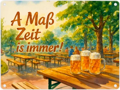 Produktbild von A Maß Zeit is immer! Biergarten Szene Metallschild in 15x20 cm