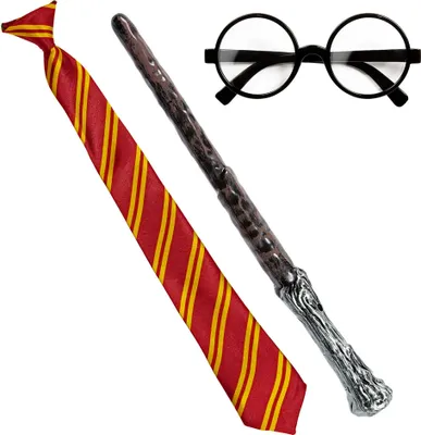 A set of Harry Potter-themed costume accessories including a tie, glasses, and a wand, laid out on a white background.