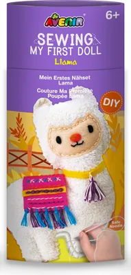 A product package for a sewing kit featuring a llama doll.