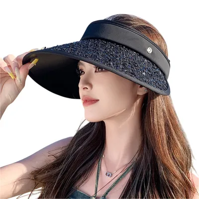 Produktbild von Verstellbare Sun Visor Cap, UV-Schutz Sonnenhut mit Breiter Krempe, Glänzende Sonnenblende, Schwarz