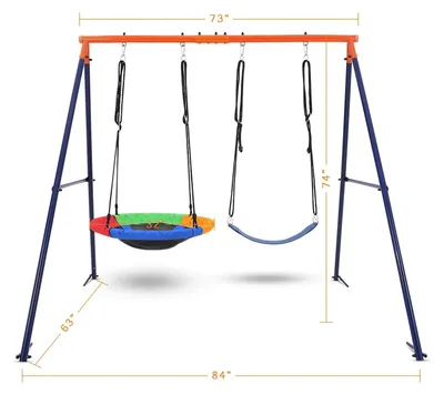 Produktbild von Tellerschaukel Set mit Gestell - Metall A-Gestell Schaukel für Kinder - 1 Tellerschaukel + 1 Gurtschaukel - Verstellbare Seile - Für draußen 3–6 Jahre