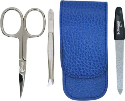 Produktbild von Solingen Maniküre Set 3-teilig – Nagelschere, Pinzette & Saphirfeile – Dollaro Echtleder Etui  Germany Blau