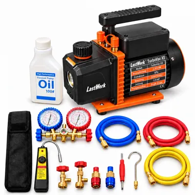 Produktbild von LastWerk TurboVac XS Kit Vakuumpumpen-Set 2,5 CFM – Single Stage (einstufig), 5 Pa, Manometerbrücke, 3 Schläuche, Adapter und WJL-6000 Pro Lecksuchgerät