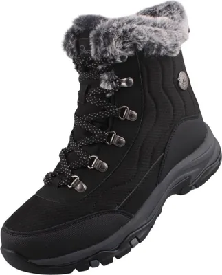 A black winter boot with gray fur trim.