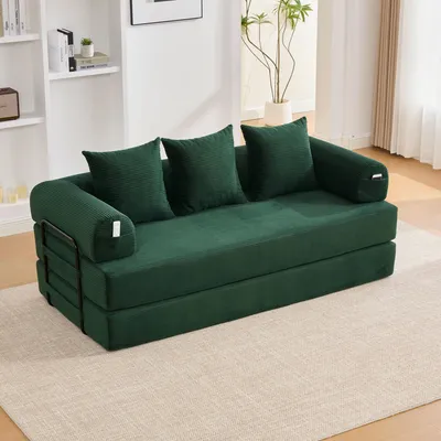 Image de MODFU Canapé Convertible - Canapé Lit Pliant 3 Coussins Avec Modules Modulables et Poche Latérale, Velours Côtelé, 200x94x67 cm, Vert Émeraude
