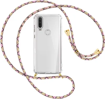 Produktbild von Handykette Backcover-Schutzhülle mit Band (Metall goldfarben) für Motorola One Action - rosa Karo
