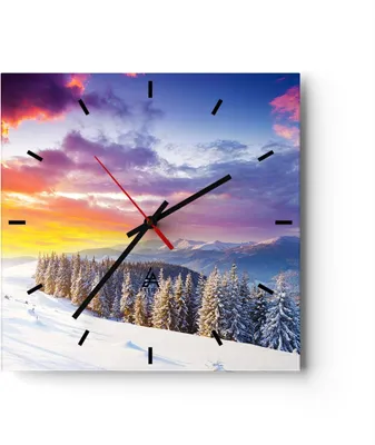 Produktbild von Wanduhr - Quadrat - Glasuhr - Berge Schnee Winter - 40x40cm - Schleichendes Uhrwerk - Lautlos - zum Aufhängen bereit - Dekoration Modern - Wanddekoration aus Glas - C3AC40x40-3605