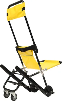 A yellow and black transport stair chair is shown against a white background.