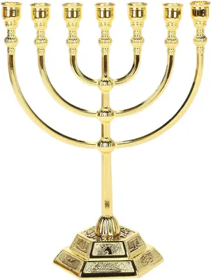 Imagen del producto de Menorá de 7 brazos, representando las 12 tribus de Israel, modelo del Templo de Jerusalén, candelabro judío (17 cm, dorado)
