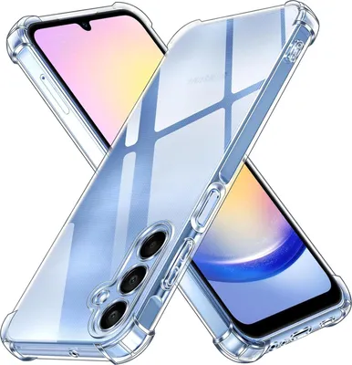 Two transparent phone cases are shown crossed over each other, displaying the phones inside.