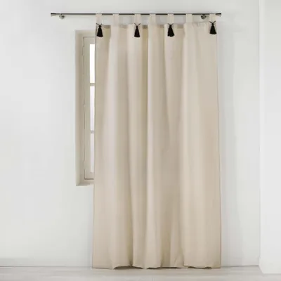 Image de Rideau à passants en polycoton avec pompons Cyrine - Blanc - 140 x 240 cm