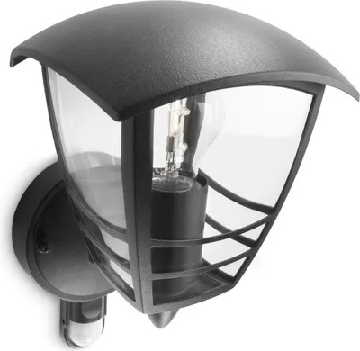 A black outdoor wall light with a motion sensor, shown against a white background.