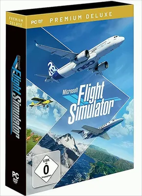 The image shows the packaging of the Microsoft Flight Simulator Premium Deluxe Edition for PC, featuring various aircraft and scenic landscapes.