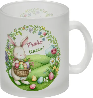 Produktbild von Osterhase Glas Tasse mit Spruch Frohe Ostern