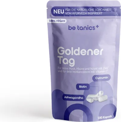 Produktbild von be tanics Goldener Tag für Haut/Haare/Nägel mit Zink und Vitamin C 180 Kapseln