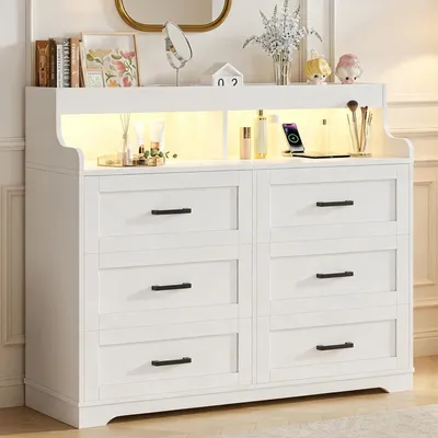 Productafbeelding van INONEFT Kommode met 6 laden, dressoir met LED-verlichting en geïntegreerde oplaadmogelijkheid, smalle ladekast voor slaapkamer, woonkamer, wit