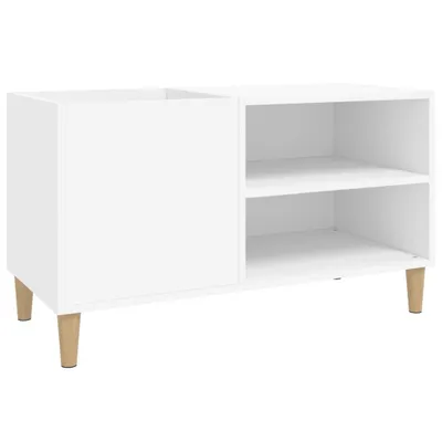 A white cabinet with two open shelves and one closed compartment, supported by four wooden legs.