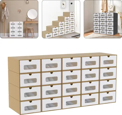 Produktbild von XINZI 20x Schuhboxen Braun-Weiße - Stapelbar, mit transparentem Sichtfenster & Schublade, aus Kraftpapier, Aufbewahrung für Schuhe/Sneaker