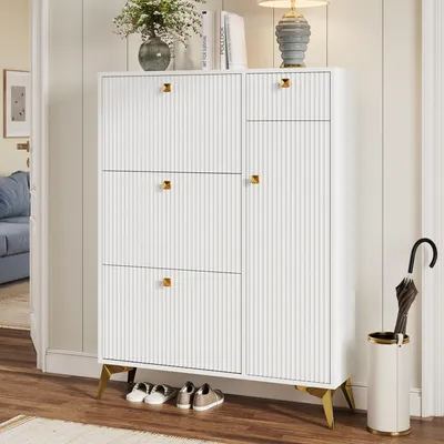 Produktbild von okwish Schuhschrank Schuhbank mit 3 Klappen, 1 Schublade und 1 Tür, Schuhregal, Schuhkipper schmal, Schuhschrank,Maße: H 121 cm/B90 cm/T25cm,weiß