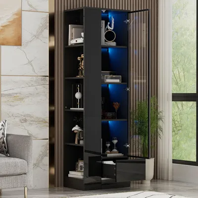 Image de Vitrine avec porte en verre et éclairage LED, armoire haute en finition brillante avec tiroirs, dimensions 50x35x160 cm, couleur noire