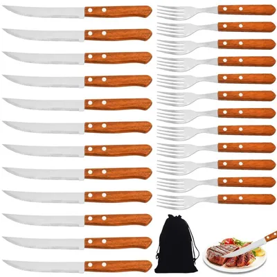 Produktbild von Steakbesteck Set 24 Teile Stahl Holzgriff 12 Messer 12 Gabeln Nicht spülmaschinenfest
