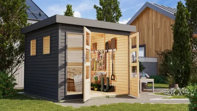Produktbild von Karibu Gartenhaus Gerätehaus Lahar 3,5 rundum terragrau 242x246x211 cm