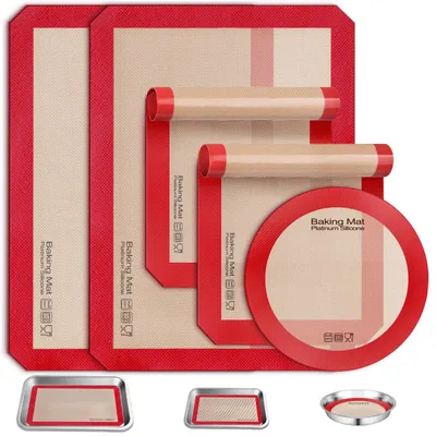 Produktbild von Set mit 5 Silikon-Backmatten, hitzebeständig bis 250 °C, Backmatte zum Backen, Braten und Zubereiten von Speisen, rot