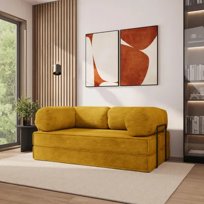 Produktbild von Masseno Schaumstoffsofa ALVIO mit Schlaffunktion, Schlafsofa, Wohnzimmersofa, Couch, Sofa, Bettsofa, Kordstoff – Gelb POSO 01