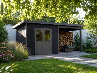 Produktbild von Linholm WPC Gartenhaus Linia 5628 mit Anbaudach und Rückwand, inkl. Dachrinnen-Set, Anthrazit, KI-generiertes Bild