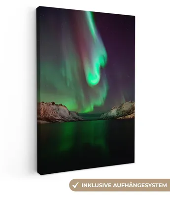 Produktbild von OneMillionCanvasses® - Leinwandbilder - 90x140 cm, Nordlichter - Berge - Norwegen, Wandbilder Kunstdruck Wanddekoration - Wandschmucke - Schlafzimmer
