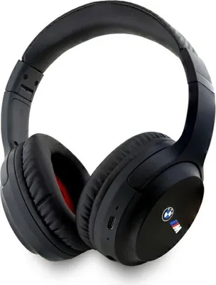 A black pair of BMW branded headphones on a white background.
