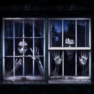 Image de 2 rideaux d'Halloween effrayants, décorations de fenêtre pour Halloween, habillages de fenêtre pour Halloween, décorations de maison hantée pour éclairage intérieur et jardin (B)