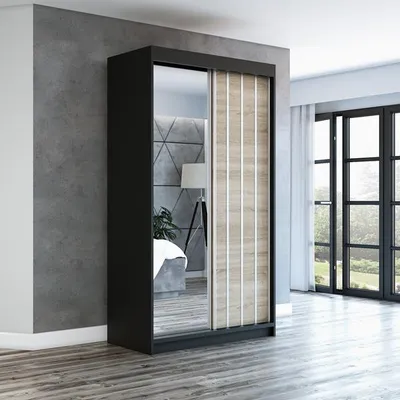 Produktbild von Schwebetürenschrank, 2-türig Schrank mit Spiegel! Moderne Garderobe für Kleidung. Verschiedene Farben (Weiß, Schwarz, Somona) Kleiderschrank VIGO 120 cm