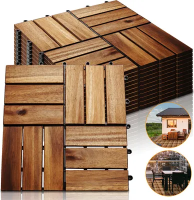 Produktbild von Fiqops 1m² Holzfliesen Mosaik Akazienholz Fliese 11 Stück 30x30 cm Balkonfliesen Gartenfliesen Terrassenfliesen für Garten Terrasse Balkon