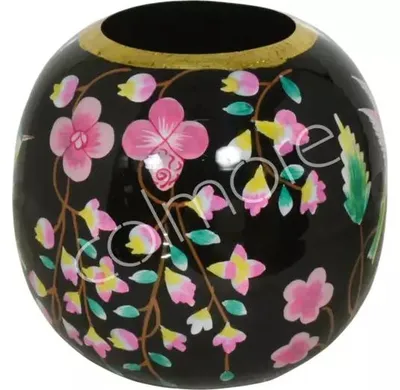 Immagine prodotto di Vaso rotondo, dipinto a mano con motivi floreali, smalto nero, dimensioni 20x20x20