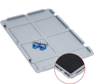 Produktbild von Scharnierdeckel Set Eurobox NextGen mit Schaumstoff und 2 blaue Schiebeschnappverschlüsse | BxT 40x60cm | Grau | Eurobehälter, Transportbox, Transportbehälter, Stapelbehälter