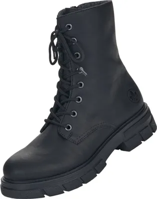 Produktbild von Rieker Damen Schnürboot Schwarz aus Kunstleder mit Blockabsatz, 4 cm Absatz und ca. 17 cm Schafthöhe. Mit ANTISTRESS-System, wärmendem Futter und rutschhemmender Laufsohle. Fällt eine Größe zu klein aus.