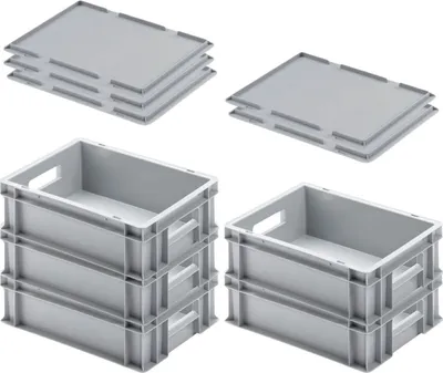 Produktbild von SuperSparSet 5x Eurobehälter mit offenem Griff & Auflagedeckel | HxBxT 12x30x40cm | 11 Liter | Grau | Eurobox, Transportbox, Transportbehälter, Stapelbehälter