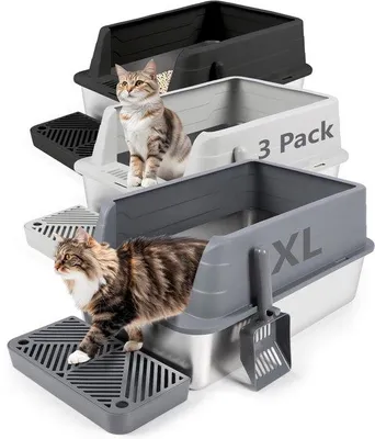 Immagine prodotto di Set da tre pezzi per lettiera per gatti in acciaio inossidabile, lettiera grande in metallo con paletta, pedale con filtro, antiaderente, inodore, facile da pulire (grigio scuro, grigio chiaro e nero), taglia XL.