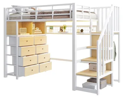 Productafbeelding van Kinderbed met hoogslaper, 90x200 cm - Stapelbed - Opbergruimte - Ladder - Planken - Gemaakt van MDF en metaal - Wit