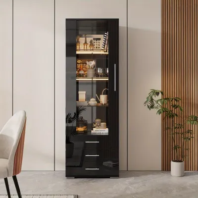 Image de Armoire vitrine noire avec porte en verre et trois tiroirs - Rangement moderne et épuré de 60x35x180 cm