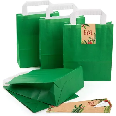 Produktbild von 5 kleine dunkel-grün Papier-Tüte Geschenk-Tütchen mit Henkel Boden 18 x 8 x 22 cm + 5 Aufkleber FROHE WEIHNACHTEN DANKE KUNDEN BAUM schwarz weiß gold Geschenk-Verpackung Beutel beschriftbarZweige rot grün beige / 25 Stück