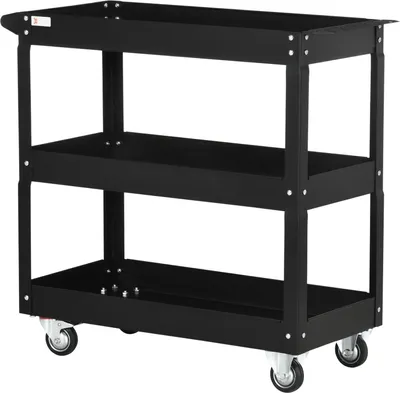 Zdjęcie produktu dla Stalowy wózek warsztatowy z 3 półkami na kółkach z uchwytem - max. obciążenie 150 kg - 83 x 35,3 x 76 cm Czarny Aosom