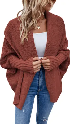 Produktbild von ASKSA Damen Cardigan Pullover Grob Gestrickt Wickel Fledermausaermel Vorne Offen Oberbekleidung, Rostrot, L