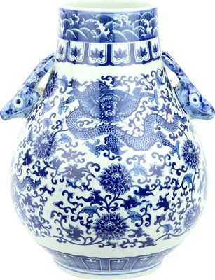 Fine Asianliving Chinesische Vase Porzellan Drache Hirsche Blau und Weiß D24xH29cm Dekorative Vase Blumenvase Orientalische Keramik Vase Dekoration Vase Moderne Tischdekoration Vase