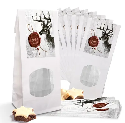Produktbild von 25 kleine weiße Papiertüte Geschenk-Tasche Gebäck MIT FENSTER und Pergamin-Einlage (8 x 5 x 24,5 cm) + Aufkleber (5 x 15 cm) Weihnachtskugeln grün beige shabby vintage Frohe WeihnachtenHirsch / 25 Stück