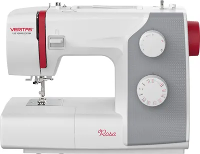 A white and gray sewing machine with red accents, shown from a front-side angle.