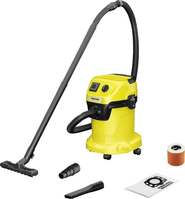 A yellow Kärcher wet and dry vacuum cleaner with accessories, displayed on a white background.