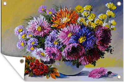 Produktbild von MuchoWow® 60x40 cm Outdoor-Poster Gartendeko Sichtschutz Garten Poster für den Garten  Ölfarbe - Blumen - Stilleben